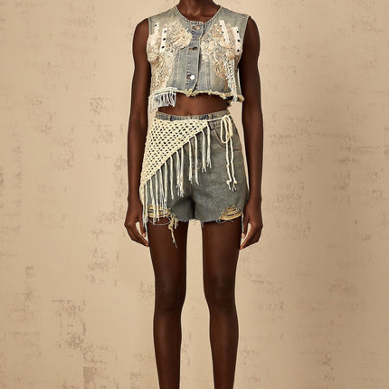 Zoey Blue Denim Shorts High-Rise Frayed Crochet Belt Fringed Detailing