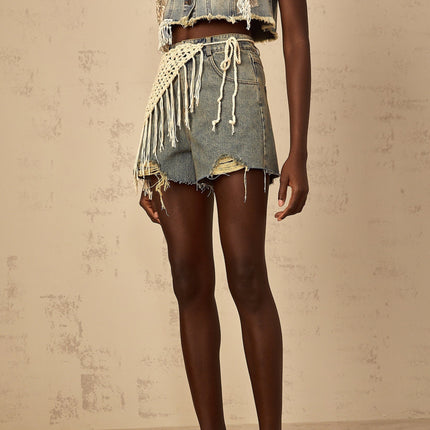 Zoey Blue Denim Shorts with Crochet Belt and Frayed Edges