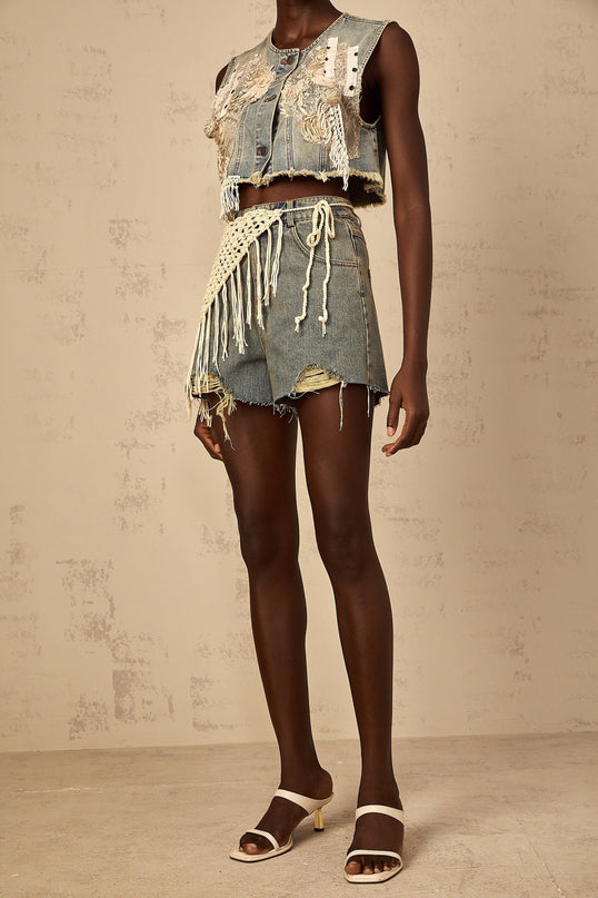 Zoey Blue Denim Shorts with Crochet Belt and Frayed Edges