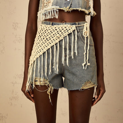 Zoey Blue Denim Shorts High Rise Frayed Crochet Belt Fringed Detailing