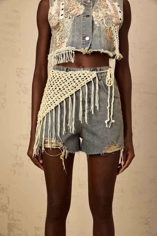Zoey Blue Denim Shorts High Rise Frayed Crochet Belt Fringed Detailing