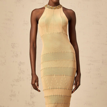 Zoey Gold Halterneck Sequin Embellished Midi Dress in Recycled Viscose Polyamide Elastane Blend