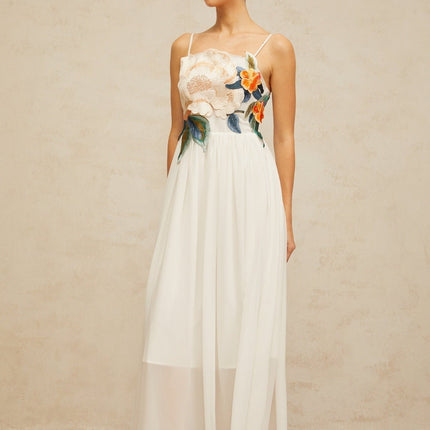Zoey White Floral Embroidered Maxi Dress Sleeveless Square Neck Adjustable Spaghetti Straps Fitted Waistline Shirred Effects Fully Lined Rear Zip Fastening 100% Terylene Fiber