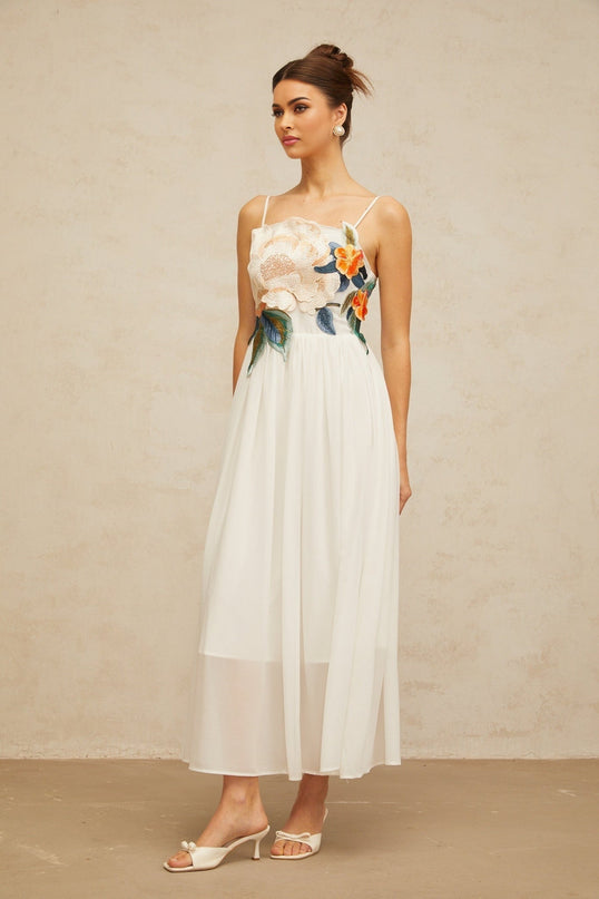 Zoey White Floral Embroidered Maxi Dress Sleeveless Square Neck Adjustable Spaghetti Straps Fitted Waistline Shirred Effects Fully Lined Rear Zip Fastening 100% Terylene Fiber