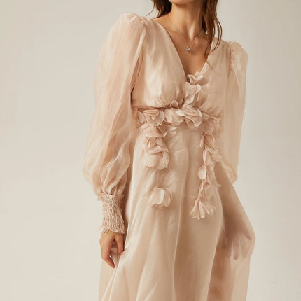 Zoey Midi Dress Neutrals V-neck Long Puff Sleeves Faux-Floral Embellishments Lace-Up Back Rear Tie Fastening 100% Viscose