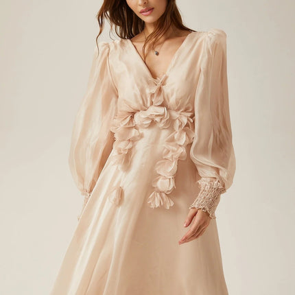 Zoey Midi Dress in Neutrals with Faux-Floral Embellishments V-Neck and Puff Sleeves