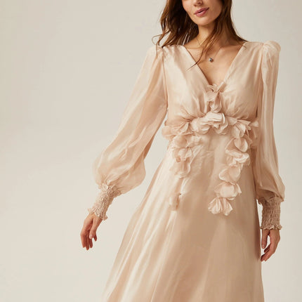 Zoey Midi Dress Neutrals Elegant Sophisticated V-Neck Puff Sleeves Lace-Up Back Opulent 100% Viscose
