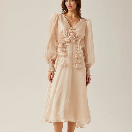 Zoey Midi Dress Neutrals V-Neck Long Puff Sleeves Lace-Up Back Rear Tie Fastening 100% Viscose
