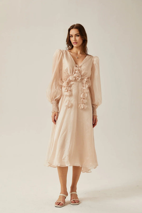 Zoey Midi Dress Neutrals V-Neck Long Puff Sleeves Lace-Up Back Rear Tie Fastening 100% Viscose