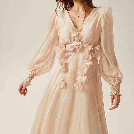 Zoey Midi Dress Neutrals Floral Embellished V-Neck Puff Sleeves Lace-Up Back 100% Viscose