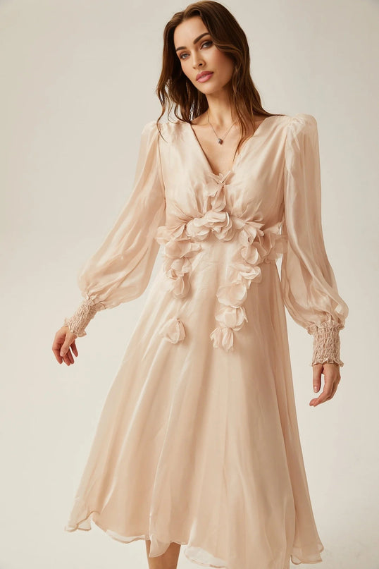 Zoey Midi Dress Neutrals Floral Embellished V-Neck Puff Sleeves Lace-Up Back 100% Viscose