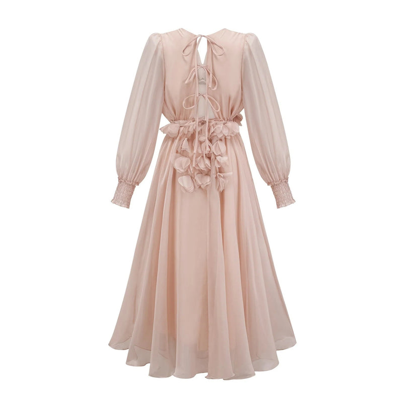 Zoey Midi Dress Neutrals V-Neck Long Puff Sleeves Lace-Up Back 100% Viscose