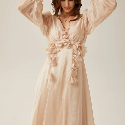 Zoey Midi Dress Neutrals Floral Embellished V-Neck Puff Sleeves Lace-Up Back