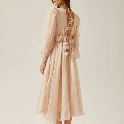 Zoey Midi Dress Neutrals Elegant Sophisticated V-Neck Puff Sleeves Lace-Up Back Opulent Floral Embellishments