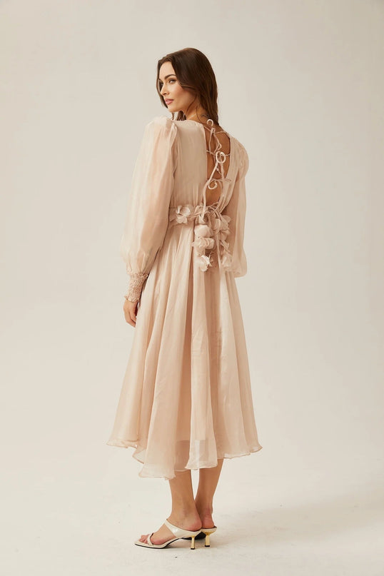 Zoey Midi Dress Neutrals Elegant Sophisticated V-Neck Puff Sleeves Lace-Up Back Opulent Floral Embellishments