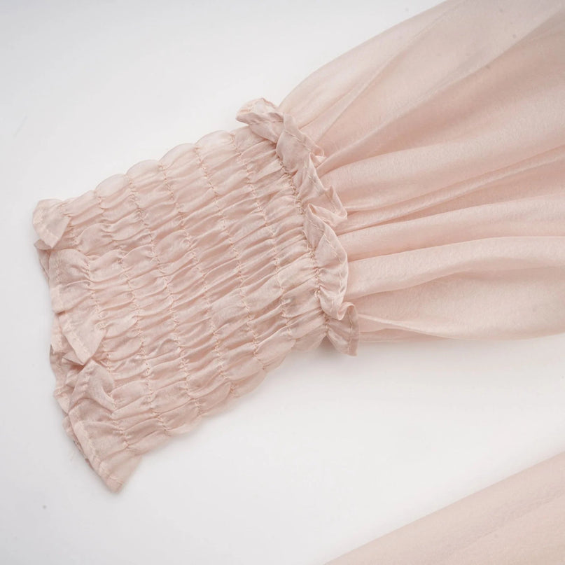 Zoey Midi Dress Neutrals Elegant Sophisticated V-Neck Puff Sleeves Lace-Up Back Opulent Floral Embellishments 100% Viscose