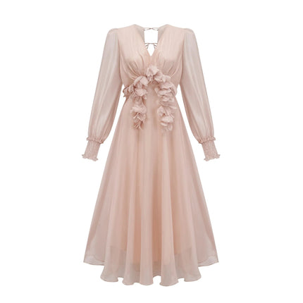 Zoey Midi Dress Neutrals V-Neck Long Puff Sleeves Faux-Floral Embellishments Lace-Up Back 100% Viscose