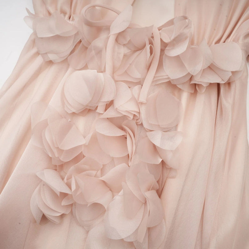 Zoey Midi Dress Neutrals Lace-Up Back Puff Sleeves V-Neck Faux-Floral Embellishments