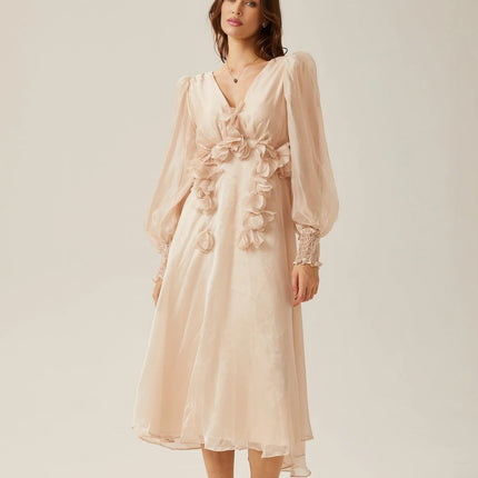 Zoey Midi Dress Neutrals Elegant Sophisticated V-Neck Puff Sleeves Lace-Up Back Opulent 100% Viscose