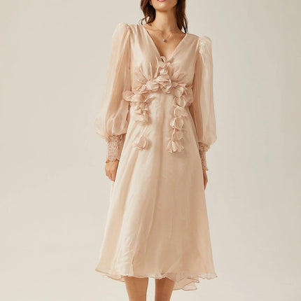 Zoey Midi Dress Neutrals V-Neck Long Puff Sleeves Lace-Up Back Faux-Floral Embellishments 100% Viscose