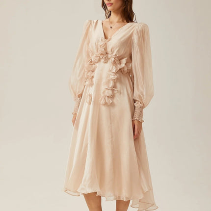 Zoey Neutrals Midi Dress with Faux-Floral Embellishments V-Neck and Puff Sleeves