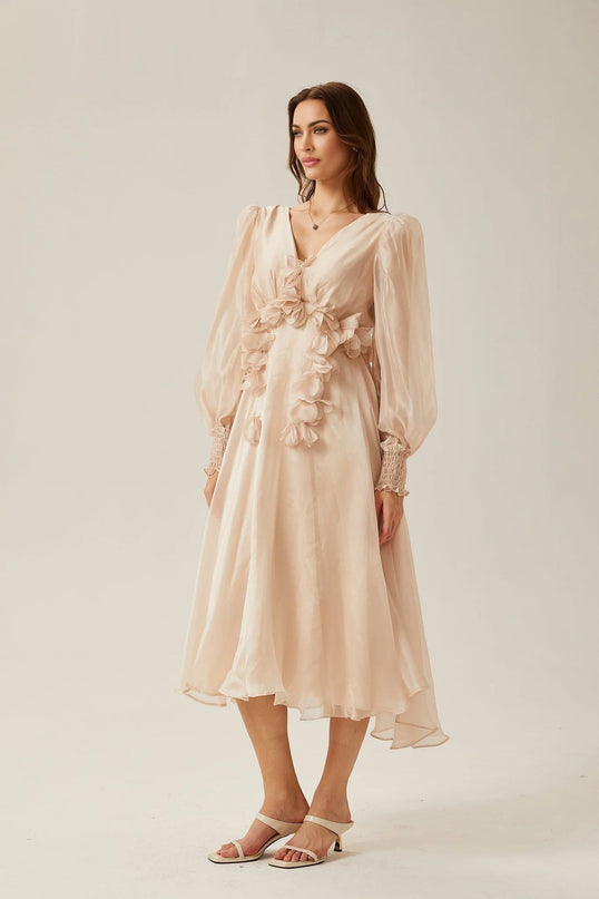 Zoey Neutrals Midi Dress with Faux-Floral Embellishments V-Neck and Puff Sleeves