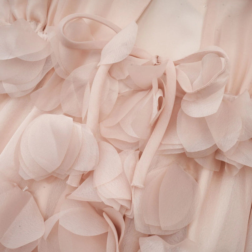 Zoey Neutrals Midi Dress with Faux-Floral Embellishments V-Neck and Puff Sleeves Lace-Up Back and Rear Tie Fastening 100% Viscose