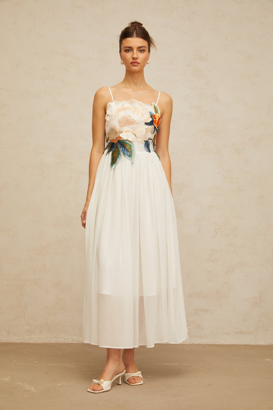 Zoey White Floral Embroidered Maxi Dress with Adjustable Spaghetti Straps
