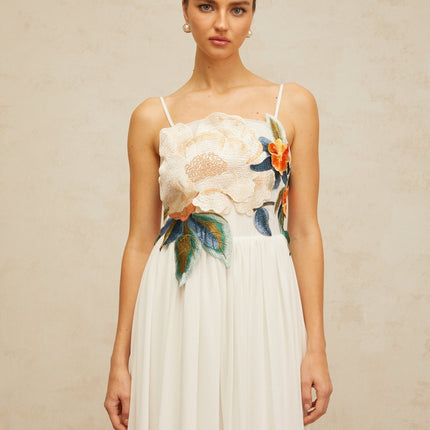 Zoey White Floral Embroidered Maxi Dress Sleeveless Square Neck Adjustable Straps Fitted Waistline Shirred Effects 100 Terylene Fiber Luxury Style