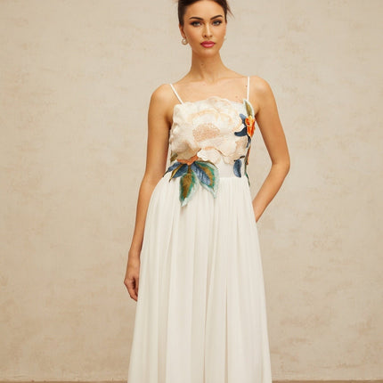Zoey White Floral Embroidered Maxi Dress Square Neck Sleeveless Adjustable Spaghetti Straps Fitted Waistline Intricate Embroidery Shirred Effects Fully Lined Rear Zip Fastening Maxi Length 100% Terylene Fiber Luxury Style
