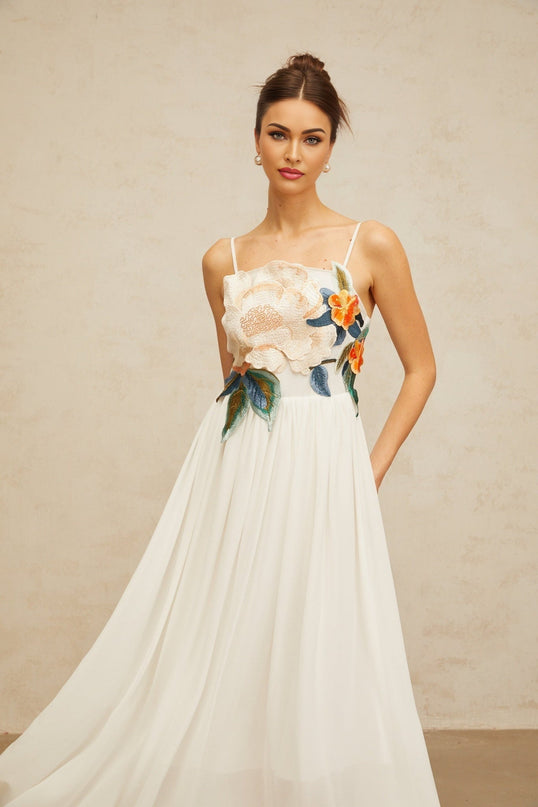 Zoey White Floral Embroidered Maxi Dress Sleeveless Square Neck Adjustable Spaghetti Straps Fitted Waistline Intricate Embroidery Shirred Effects Fully Lined Rear Zip Fastening 100% Terylene Fiber