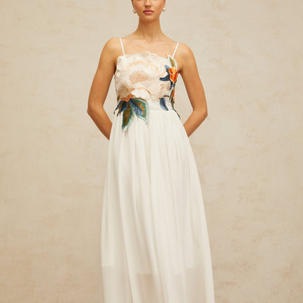 Zoey White Floral Embroidered Maxi Dress Sleeveless Square Neck Adjustable Spaghetti Straps Fitted Waistline Shirred Effects Rear Zip Fastening 100% Terylene Fiber