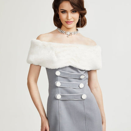 Zuri Grey Faux Fur Mini Dress Polyester Invisible Zipper Buttons Luxury Elegant Glamour