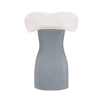 Zuri Grey Faux Fur Mini Dress Polyester Luxury Elegance