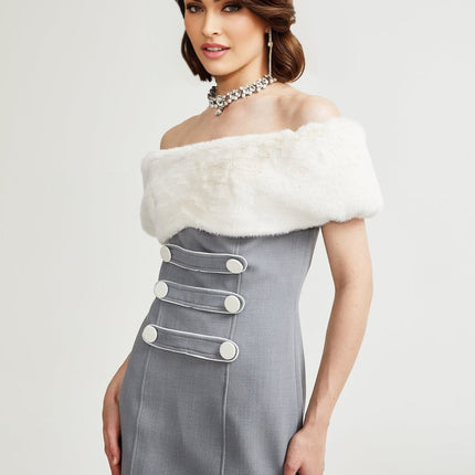 Zuri Grey Faux Fur Mini Dress Polyester Elegant Luxury Modern Elegance