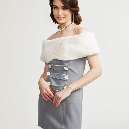 Zuri Grey Faux Fur Mini Dress Polyester Elegant Luxury Modern Elegance
