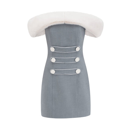 Zuri Grey Faux Fur Mini Dress Polyester Elegant Luxury Modern Sophisticated Glamour