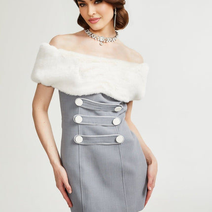 Zuri Grey Faux Fur Mini Dress Polyester Elegant Buttons Zipper Luxury Modern