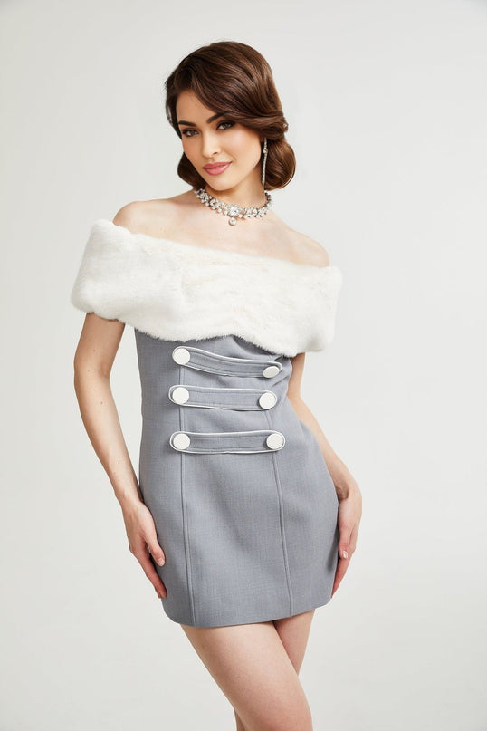 Zuri Grey Faux Fur Mini Dress Polyester Elegant Buttons Zipper Luxury Modern