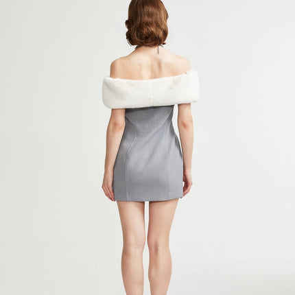 Zuri Grey Faux Fur Mini Dress Polyester Invisible Zipper Buttons Elegant Sophisticated Glamour