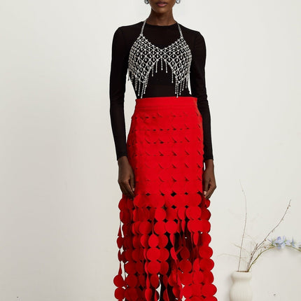 Zuri Red Fringed Fabric-disc Maxi Dress