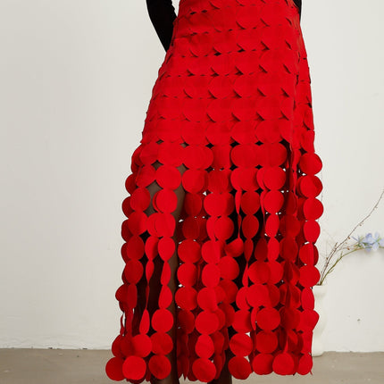 Zuri Red Fringed Fabric-Disc Maxi Dress