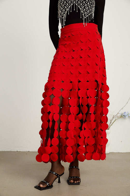 Zuri Red Fringed Fabric-Disc Maxi Dress