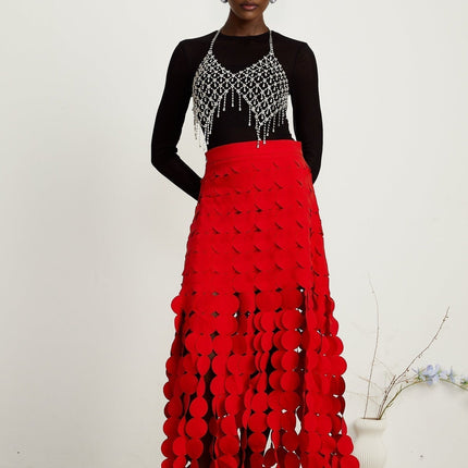 Zuri Red Fringed Fabric-disc Maxi Dress