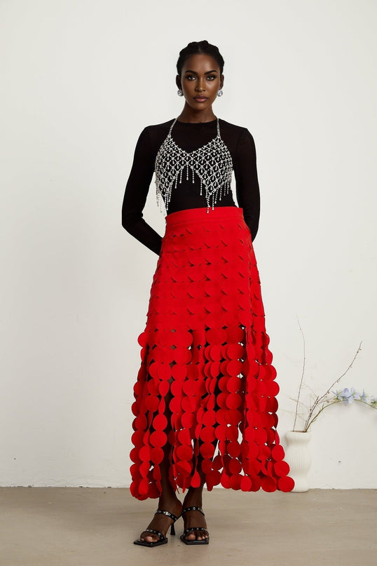 Zuri Red Fringed Fabric-disc Maxi Dress