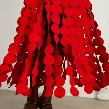 Zuri Red Fringed Fabric-Disc Maxi Dress