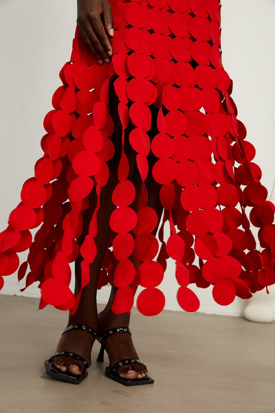 Zuri Red Fringed Fabric-Disc Maxi Dress