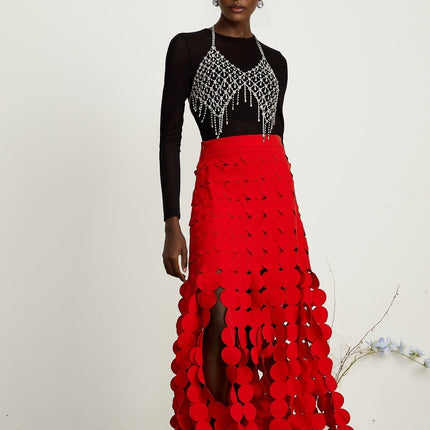 Zuri Red Fringed Fabric-Disc Maxi Dress