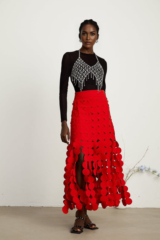 Zuri Red Fringed Fabric-Disc Maxi Dress