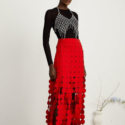 Zuri Red Fringed Fabric-Disc Maxi Dress
